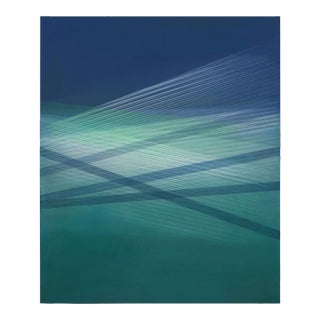 Contemporary Abstract Oil, Acrylic and Silver Particles on Wood Panel Painting "Seascape (Indigo-Turquoise Green)" by Bernadette Jiyong Frank For Sale