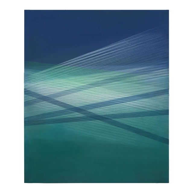 Contemporary Abstract Oil, Acrylic and Silver Particles on Wood Panel Painting "Seascape (Indigo-Turquoise Green)" by Bernadette Jiyong Frank For Sale