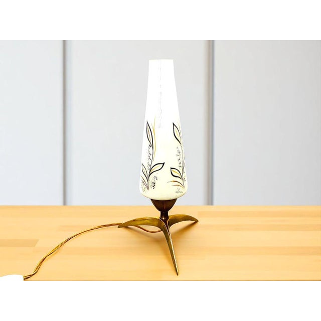 Mid-Century Space Age Modern Brass Tripod Table Lamp with Opaline Glass Lampshade, 1950s For Sale - Image 9 of 9