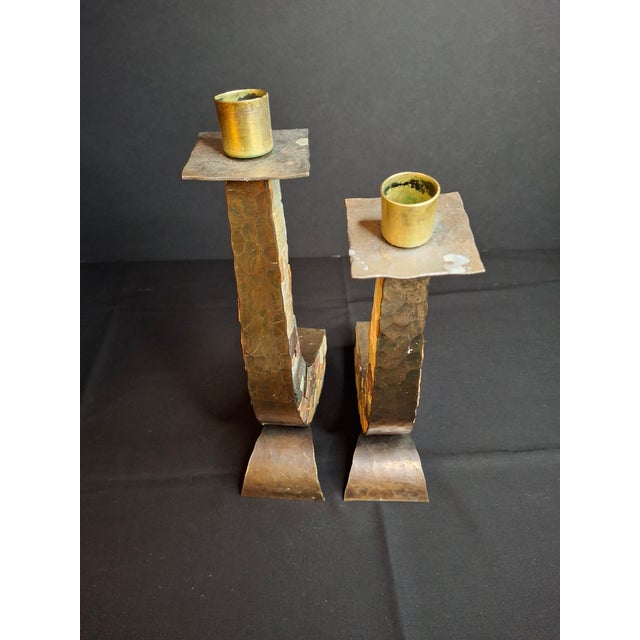 Vintage Mid-Century Eilon Mosaics Hand-Hammered Copper & Holy Land Stone Shofar Candlesticks For Sale - Image 4 of 15