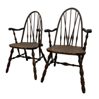Early 20th Century Pair of Flints Fine Furniture Antique Brace Back Rush Seat Windsor Armchairs For Sale