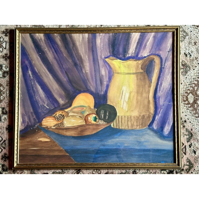 Vintage 1940s still life watercolor still life paint exotic fruits. Original custom gold gilt frame. Beautiful colors...