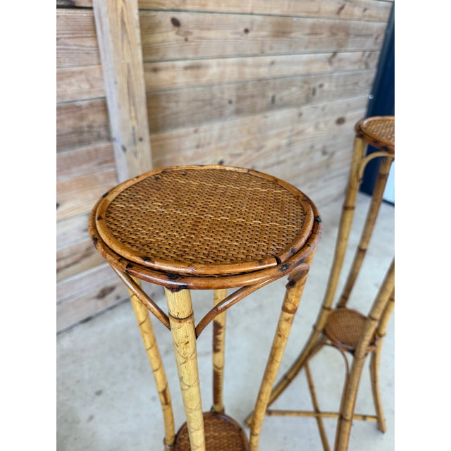 Vintage Pair of Faux Bamboo and Woven Rattan Plant Stands For Sale - Image 9 of 12