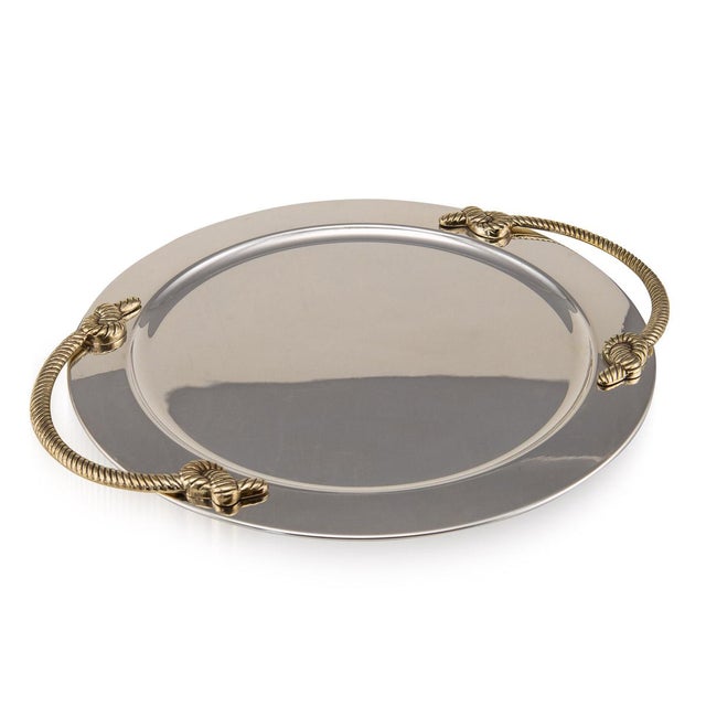 Mid 20th Century large French circular silver plated serving tray with polished brass rope handles. In Great condition. No...