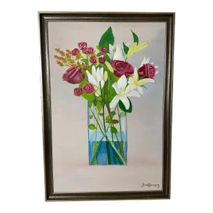 "Roses and Lilies" Original Painting, Framed