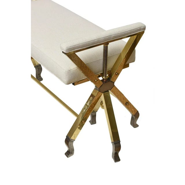 Mid-Century Modern Vintage Brass, Steel and Off White Upholstered 3-Legged Bench Mid Century Modern 50's For Sale - Image 3 of 8