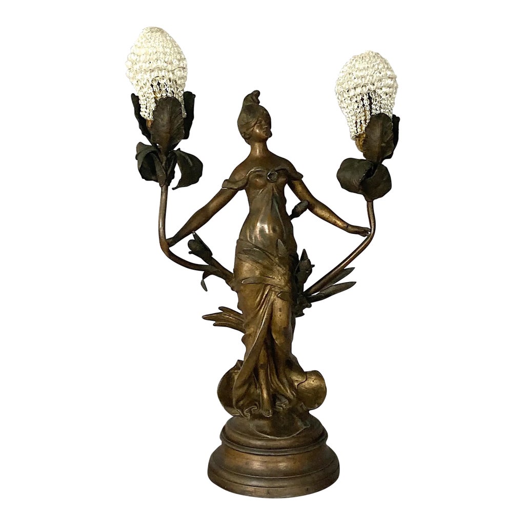 1990s Auguste Moreau French Art Nouveau Table Lady Lamp, 