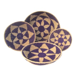 African Purple & Tan Woven Straw Nesting Baskets - S/4 For Sale