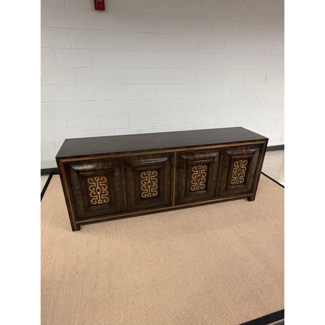 Mid-Century Modern 1970's Burled Carpathian Elm and Brass Credenza From Mastercraft For Sale - Image 3 of 10