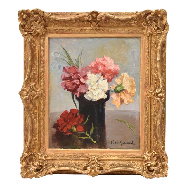 Léon Laurent Galand, Still Life Flowers Vase Carnations, 1920s, Oil on Canvas For Sale