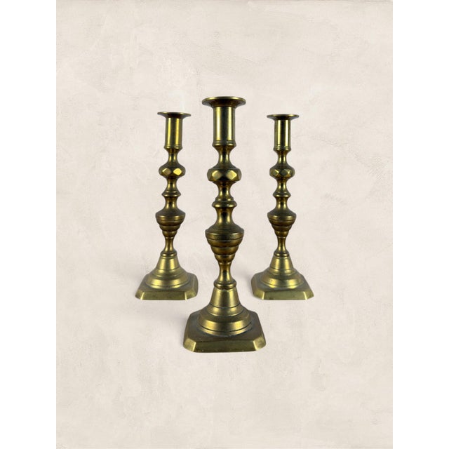 Victorian Late 19th Century Antique English Victorian Brass Candlesticks, Set of Three For Sale - Image 3 of 8
