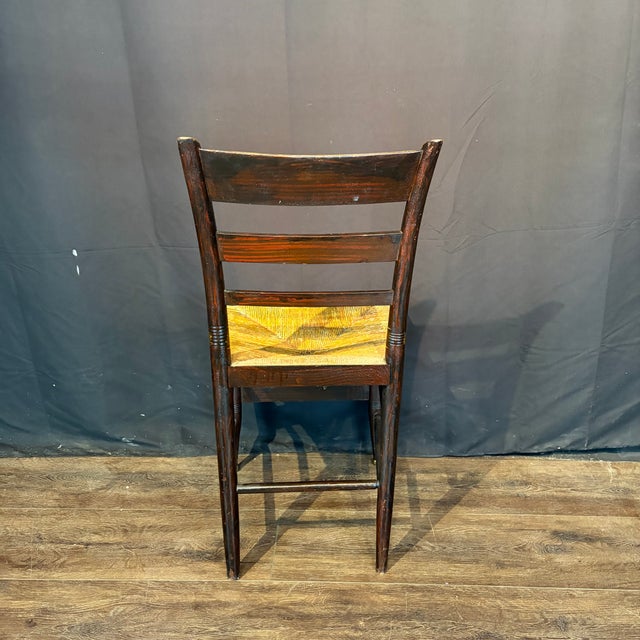 Early 19th Century American Painted Hitchcock-Style Side Chairs With Rush Seats and Gilt Stenciling For Sale In Portland, ME - Image 6 of 12