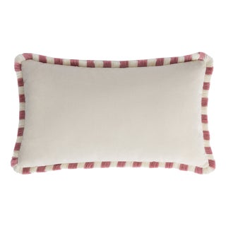 Bicolor Happy Cushion in White Velvet with Pink and White Fringes from Lo Decor For Sale