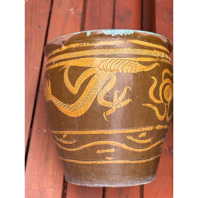 Large Chinese Glazed Terracotta Earthenware Planter Set Decorated With Dragons Egg Pots For Sale - Image 11 of 18