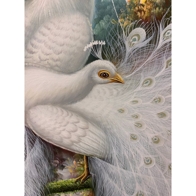 Large White Peacock Garden Oil Painting in Antique Ornate Gilt Florentine-Style Frame For Sale - Image 9 of 12