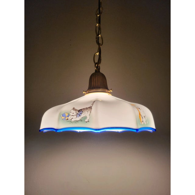 Metal Vintage Milk Glass Animal Pendant For Sale - Image 7 of 8