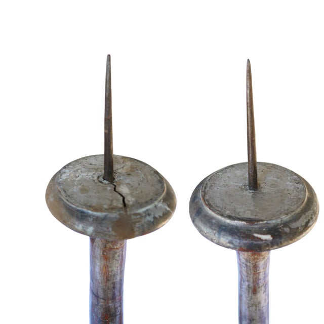 56” Tall Rare Pair of 18th-Century Italian Silvered & Giltwood Ecclesiastical Altar Prickets For Sale - Image 13 of 18
