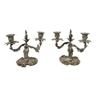 Rococo Style Silvered Bronze Candleholders, 1850, Set of 2 For Sale