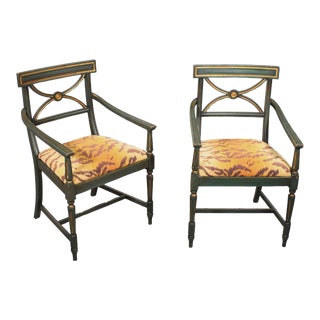 1970's Italian Neoclassical X-Form Armchairs Scalamandré Le Tigre Seats - A Pair For Sale