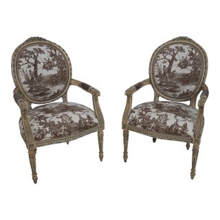 Pair Vintage French Louis XVI Medallion Back Armchairs For Sale