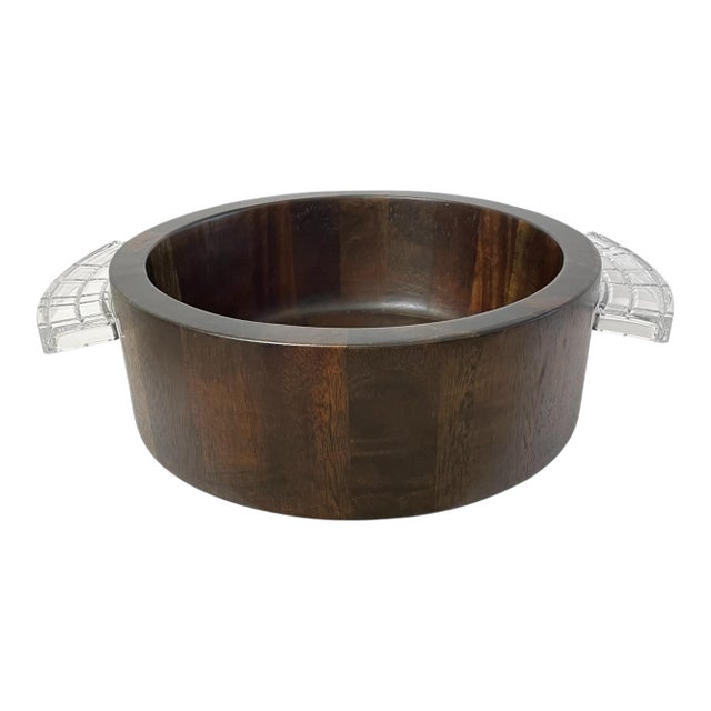 Orrefors Sweden Acacia Wood Salad Serving Bowl With Lucite Handles. MCM For Sale