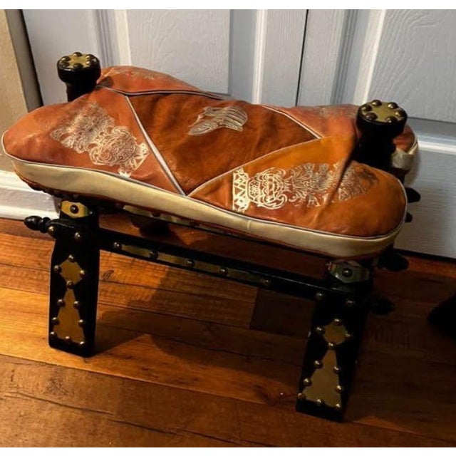 Traditional A Pair of Vintage Egyptian Camel Embossed Leather Cushions Saddle Stools With Embossed Egyptian Motifs & Decorative Brass Studs. For Sale - Image 3 of 3