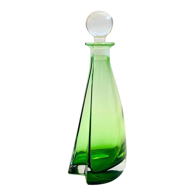 Mid Century Green Art Glass Decanter For Sale