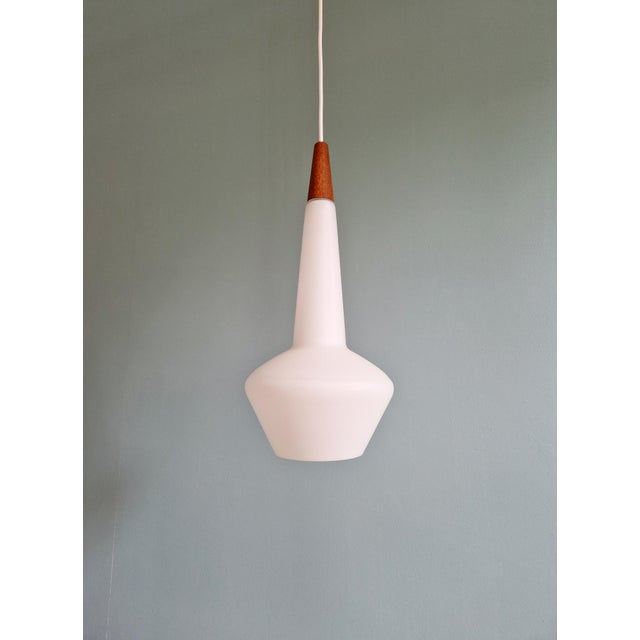 Scandinavian Pendant Light in Satin White Opaline Glass and Teak, 1960s For Sale - Image 14 of 14