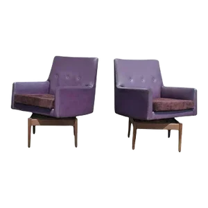1960s Vintage Jens Risom Walnut Swivel Lounge Armchairs - a Pair