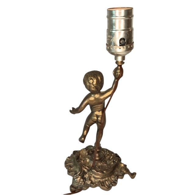 Victorian Vintage 1950's Brass Victorian Cherub Table Lamp For Sale - Image 3 of 18
