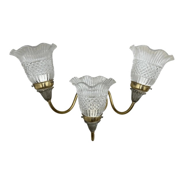 Vintage Neoclassical Style Brass Vanity Bathroom 3 Arm Wired Wall Sconce For Sale