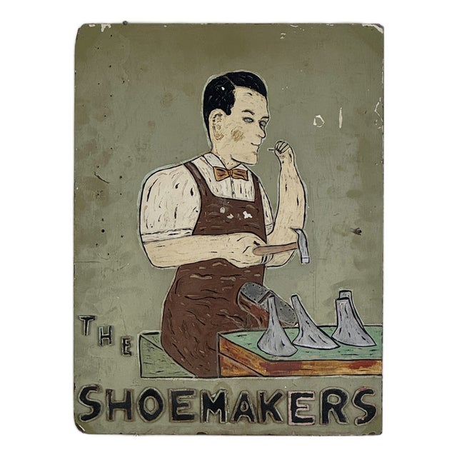 Astounding 1920s Art Deco Hand Painted "The Shoemakers" Trade Sign With Carved Letters & the Cobbler For Sale