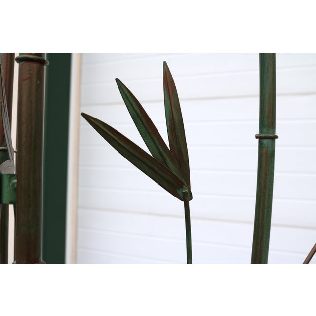 Boho Chic Vintage Three Panel Green and Copper Hand Painted Metal Faux Bamboo Screen Room Divider For Sale - Image 3 of 9