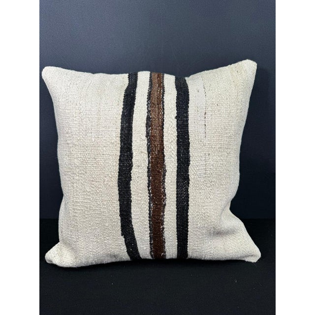 Turkish Hemp Pillow Cushion Natural Beige Black Cushion Cover 20"x20" For Sale - Image 4 of 4