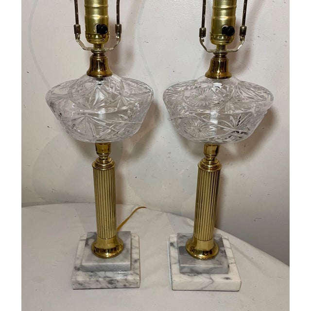 Pair of Tall Vintage Brass Crystal Marble Electric Parlor Table Lamps Antique For Sale - Image 11 of 12