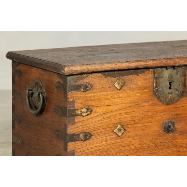 Wood Antique Wood Trunk with Ornamental Metalwork and Brass Hardware For Sale - Image 7 of 12