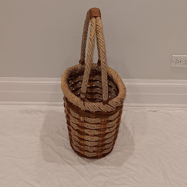Wood Vintage French Style Hand Woven Market Wicker Basket With Handles For Sale - Image 7 of 12