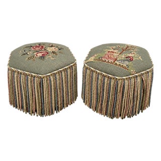 A Pair of Vintage Poufs Foot Stools Needlepoint Embroidery French Design For Sale