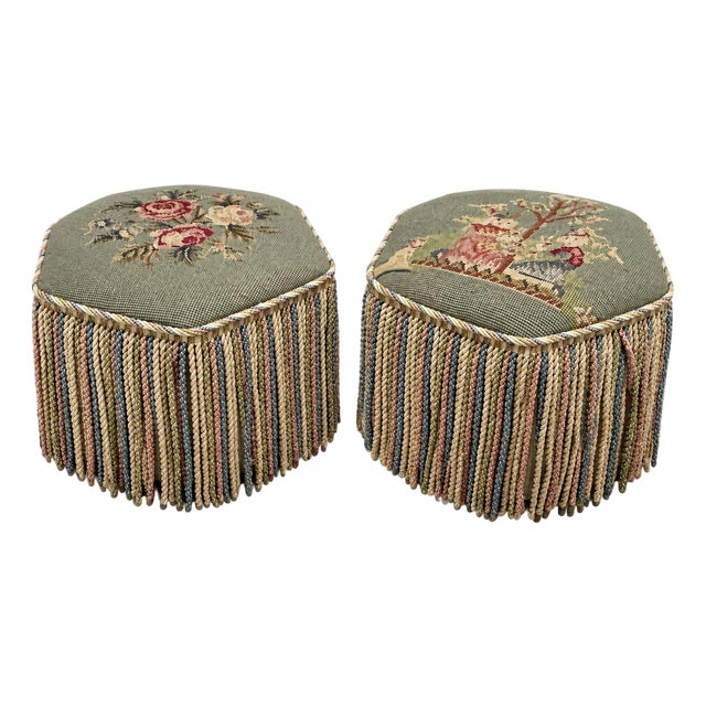 A Pair of Vintage Poufs Foot Stools Needlepoint Embroidery French Design For Sale