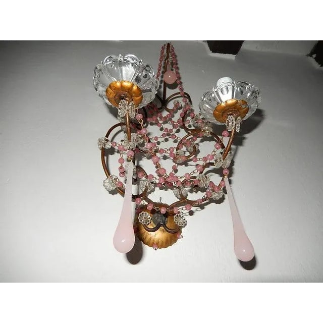 1920s French Pink Opaline Drops With Beads and Crystal Sconces - a Pair For Sale - Image 11 of 12
