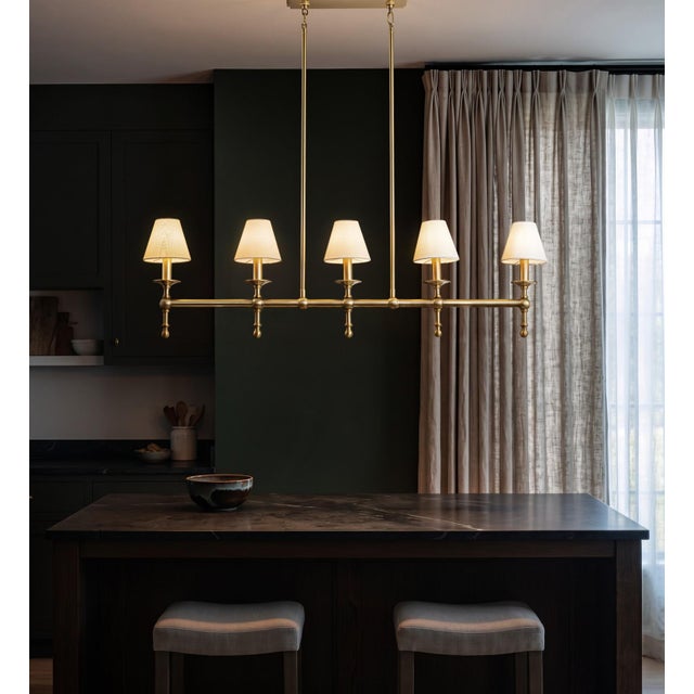 Textile Aloadecor Transitional Warm Brass Linear Chandelier With Fabric Shades For Sale - Image 7 of 7
