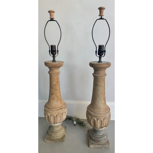 French Country Late 20th Century French Plaster Column Lamps in Sand Finish With Custom Shades & Finials - a Pair For Sale - Image 3 of 5