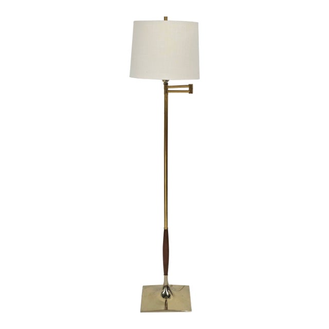 1950s Mid Century Modern Walnut & Brass Floor Lamp For Sale