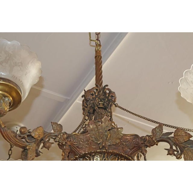 19th Century Bronze 4 Light Etched Glass Shade Gas Chandelier Gasolier For Sale - Image 16 of 18