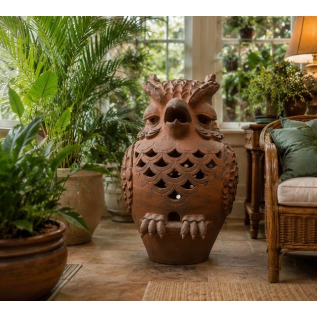 Vintage Italian-Style Terracotta Owl Garden Statue & Lantern For Sale - Image 9 of 12