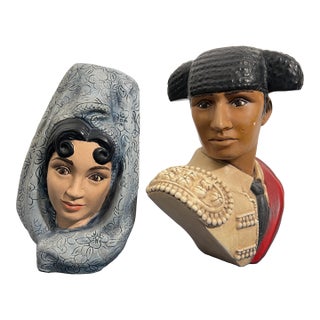 Pair Marwal by Brower Spanish Matador & Señorita Chalkware Bust Sculptures For Sale