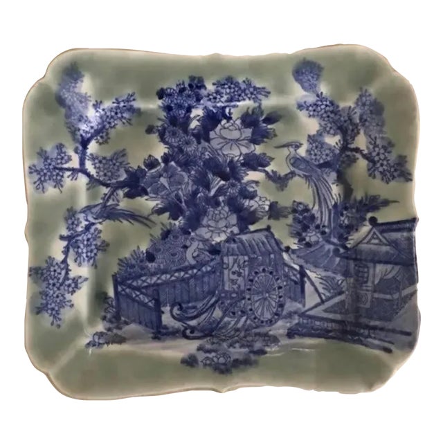 Japanese Platter, Sometsuke-Seiji Blue Patterned With Celadon For Sale