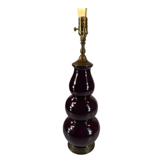 Late 20th Century Lamp Eggplant Color Castilian Ceramic & Bronze With Original Finial For Sale