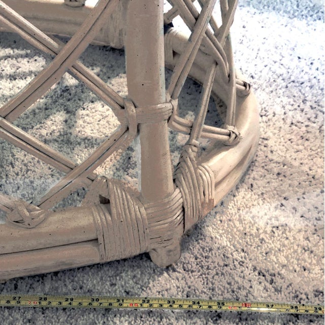 Wood 80s Boho Off-White Lattice Rattan Glass Top Oval McGuire Style Coffee Table For Sale - Image 7 of 11