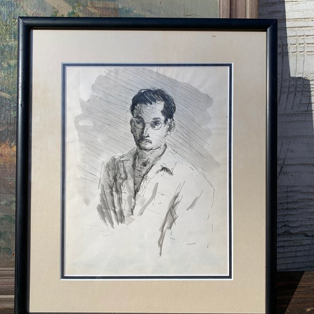 1980s Vintage Original Pen and Ink Drawing Portrait of a Man For Sale - Image 5 of 5